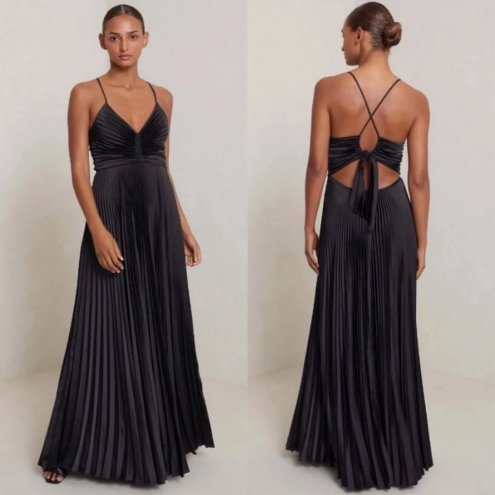 A.L.C. Aries Satin Pleated Maxi Dress Black Sz 6 - Picture 8 of 9
